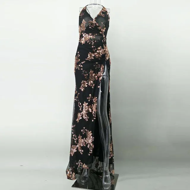 Anika Deep-V Slit Sequin Maxi Dress