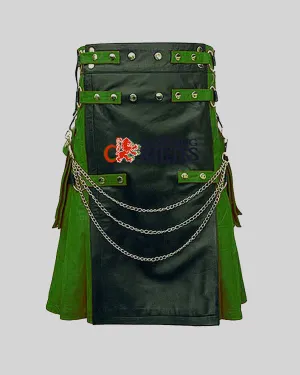 Black & Dark Green Men Leather Fashion Kilt