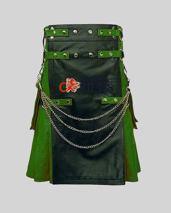 Black & Dark Green Men Leather Fashion Kilt