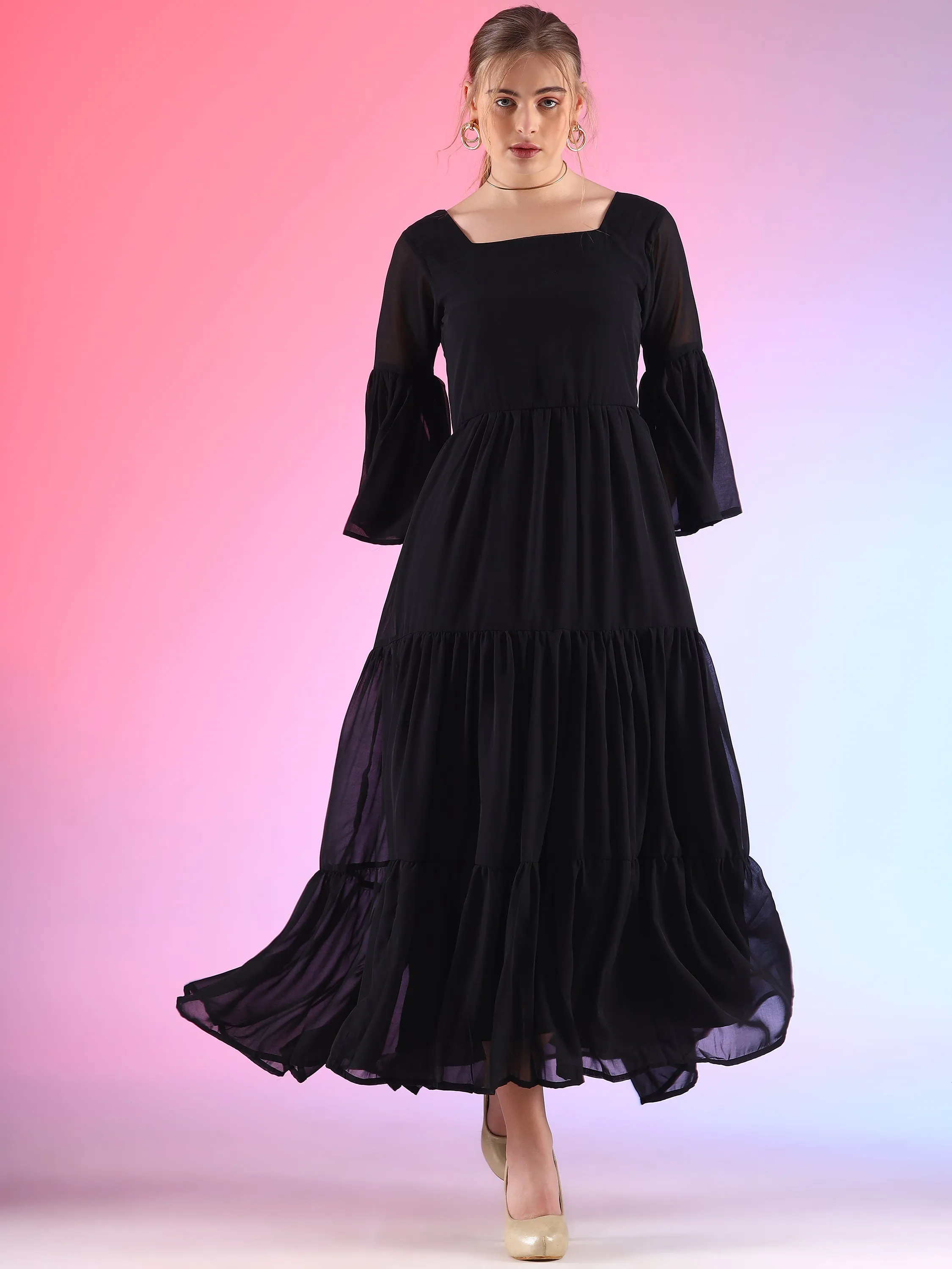 Black Swan Flared Sleeve Georgette Maxi Dress