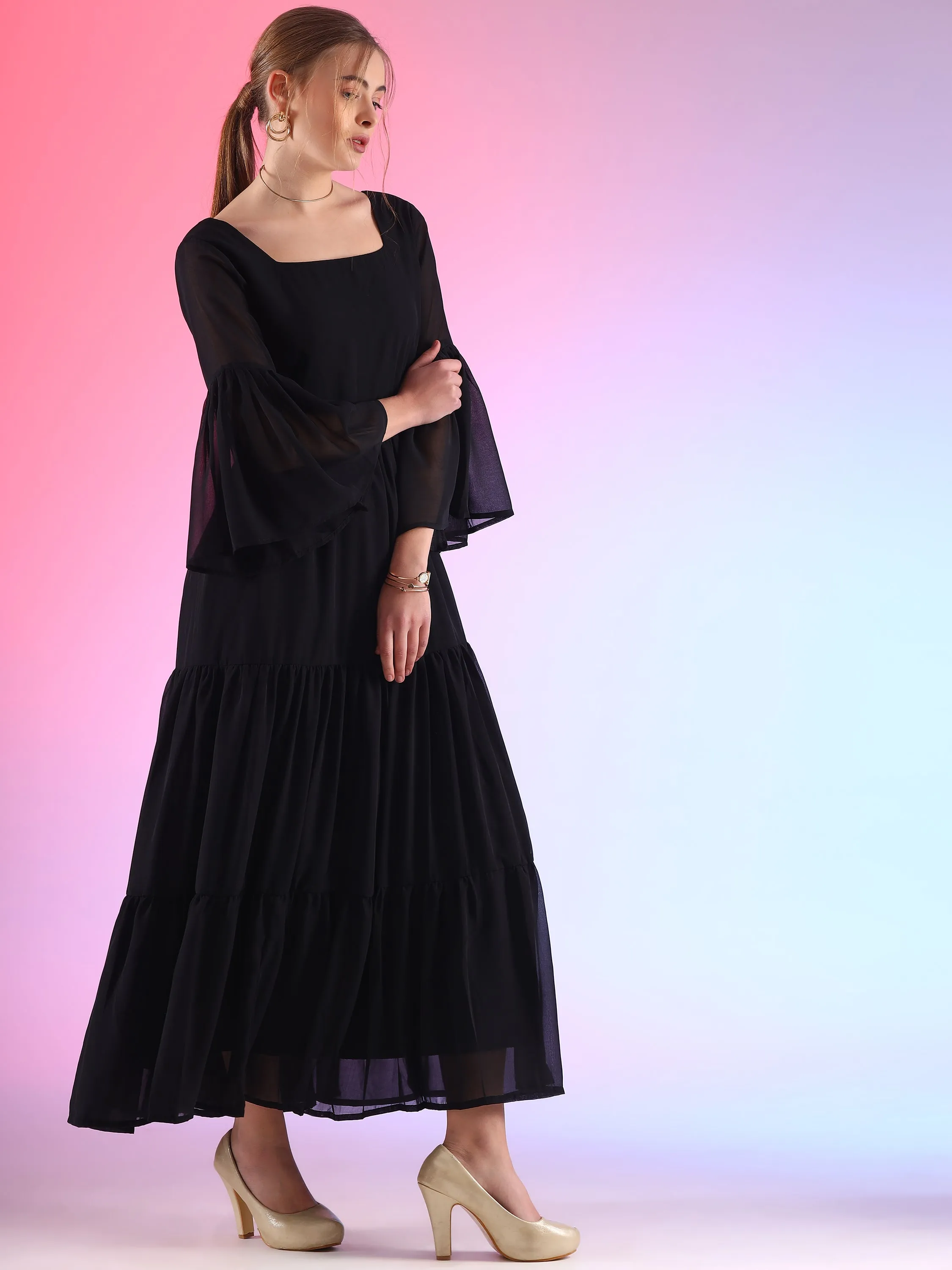 Black Swan Flared Sleeve Georgette Maxi Dress