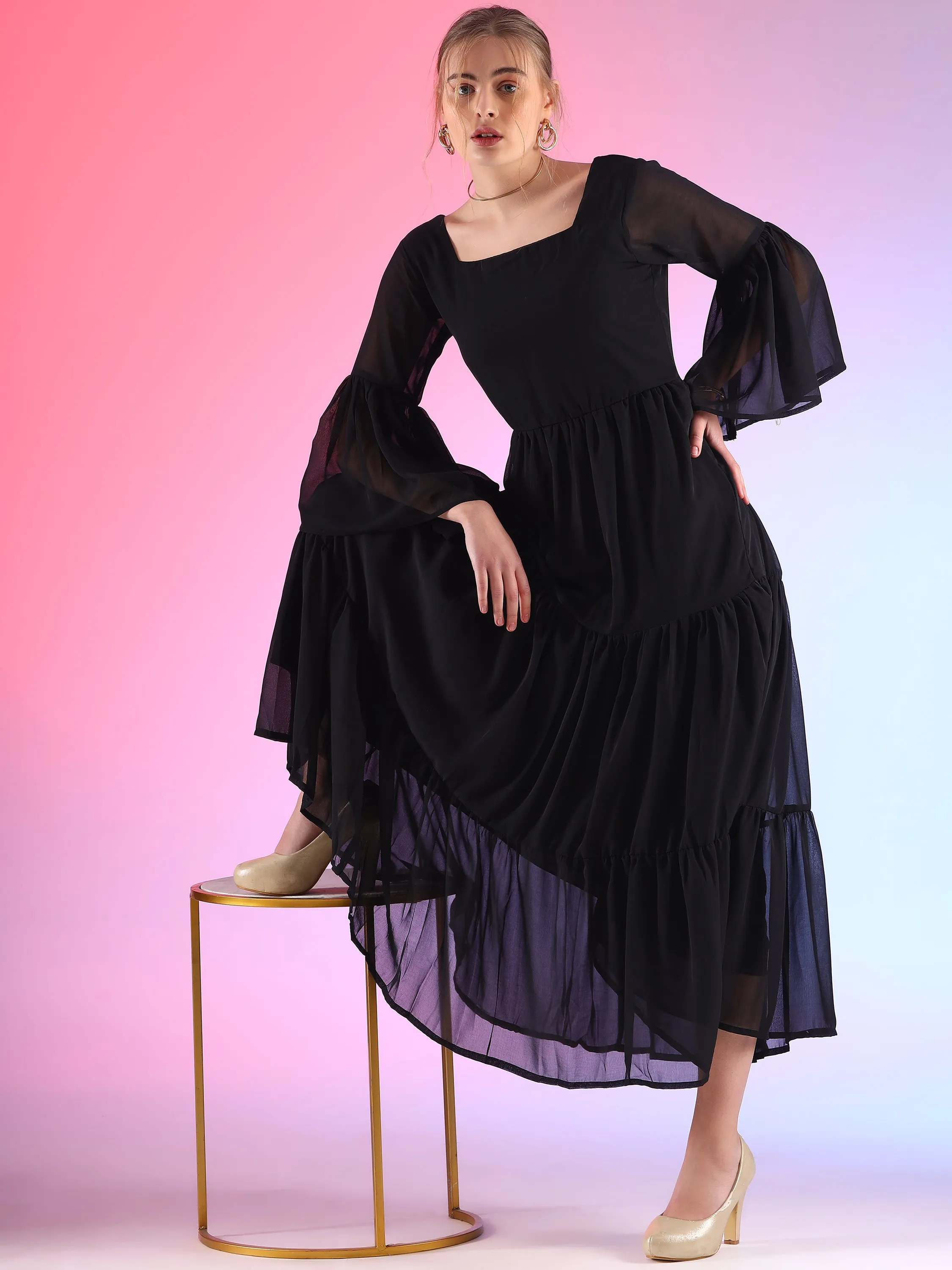 Black Swan Flared Sleeve Georgette Maxi Dress