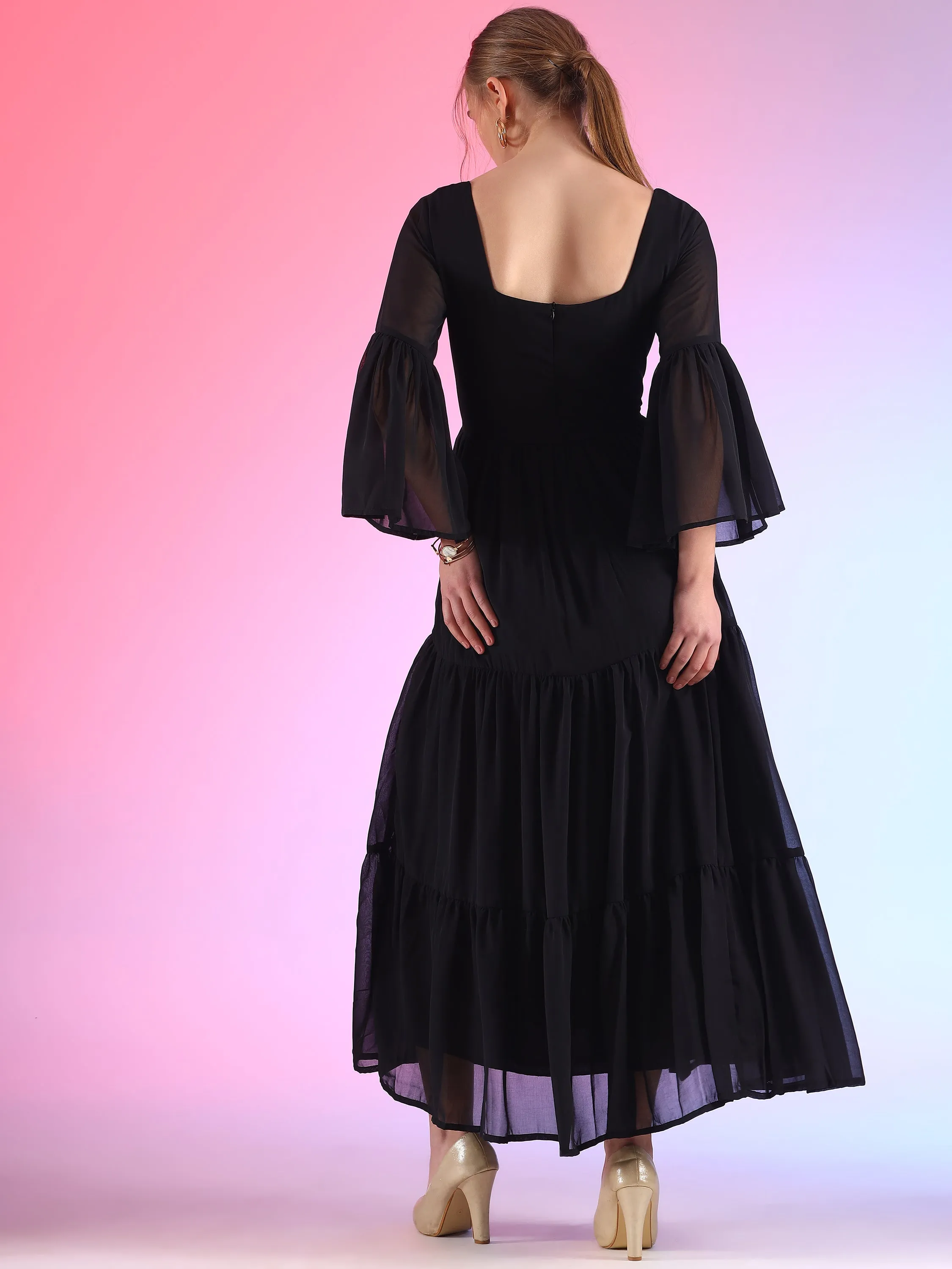 Black Swan Flared Sleeve Georgette Maxi Dress