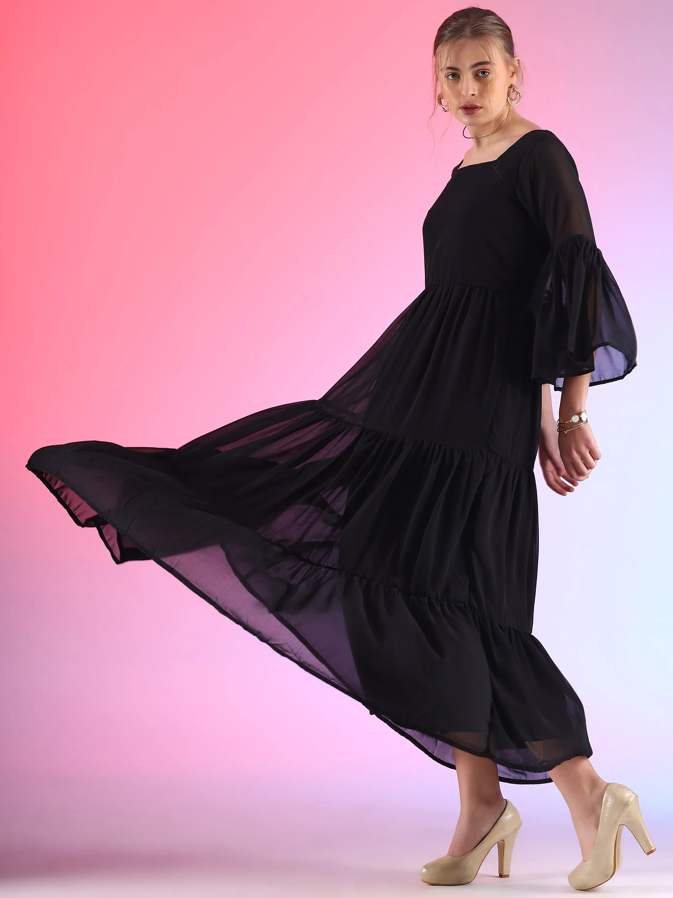Black Swan Flared Sleeve Georgette Maxi Dress