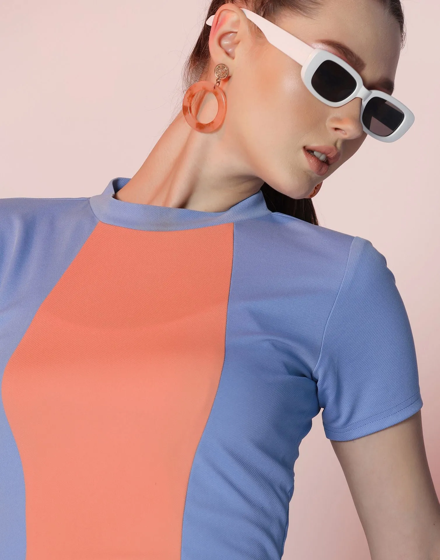 Blue Colour Block Bodycon Dress