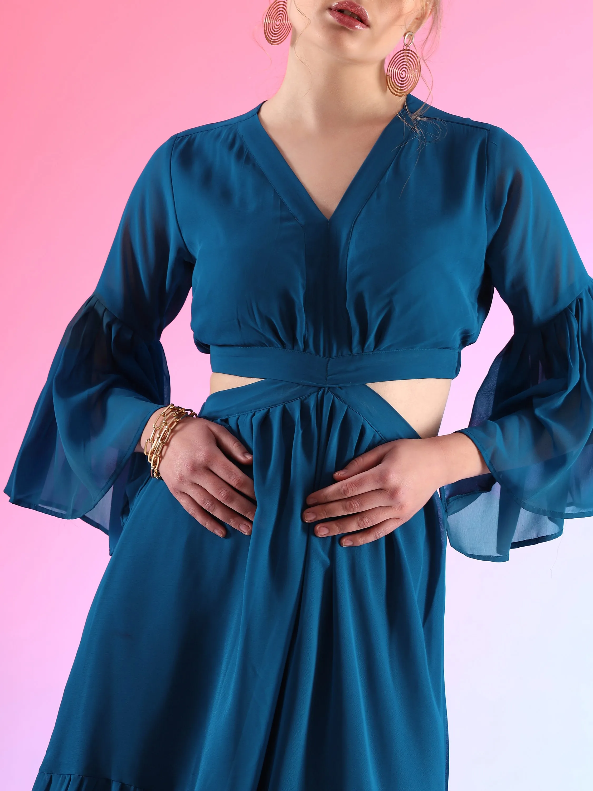 Blue Skies Fit and Flare V-Neck Georgette Dress