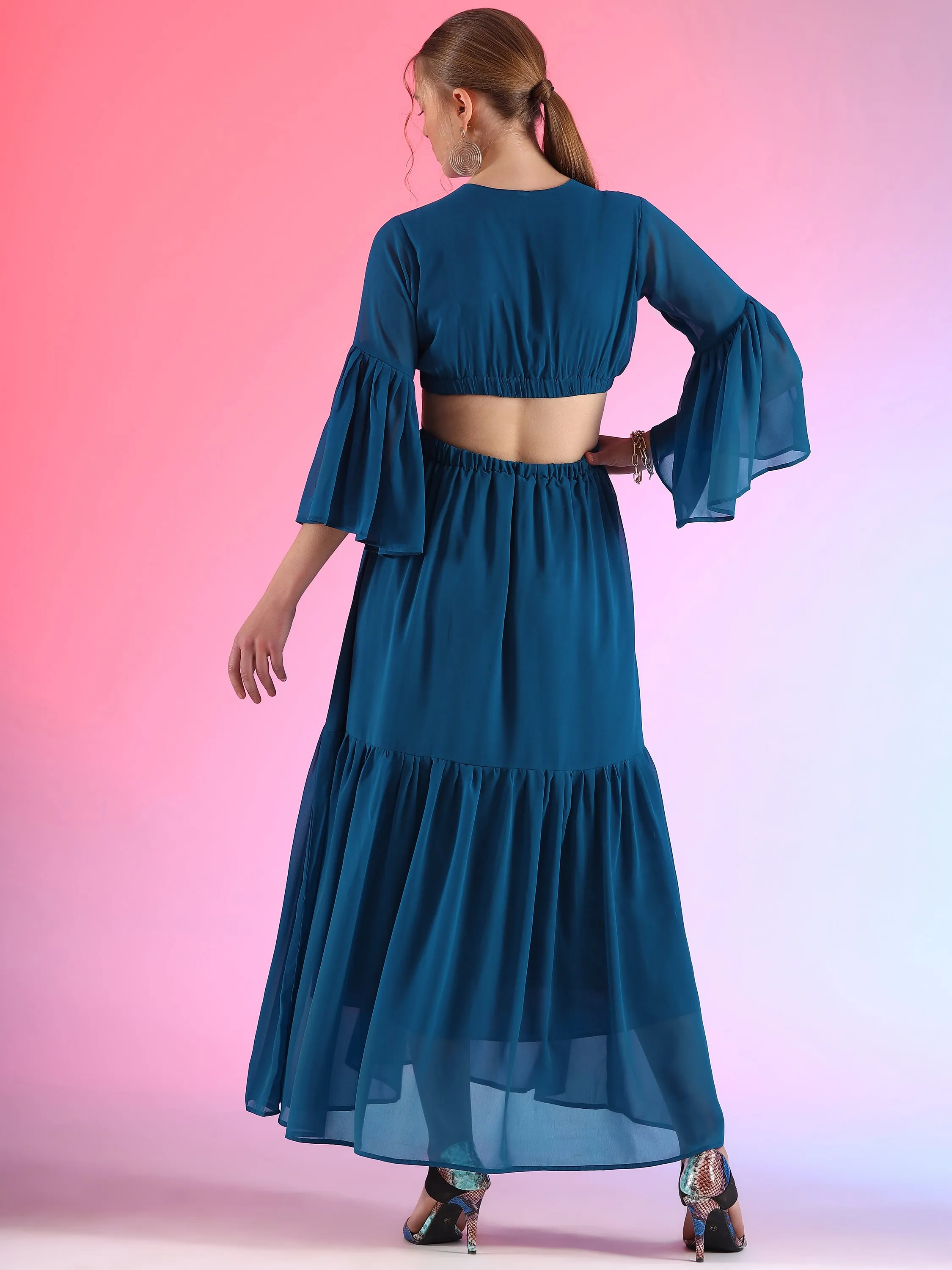 Blue Skies Fit and Flare V-Neck Georgette Dress
