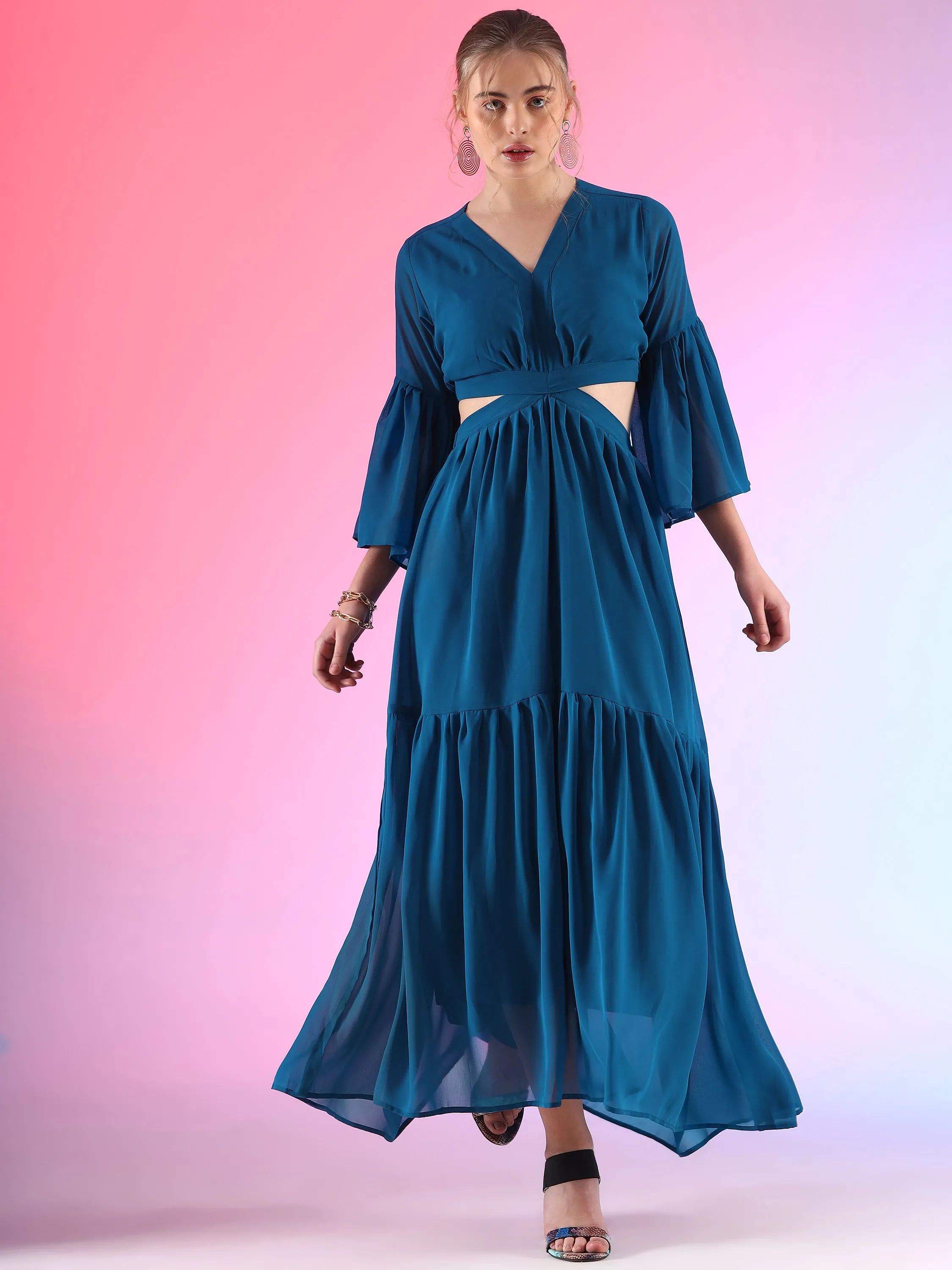 Blue Skies Fit and Flare V-Neck Georgette Dress