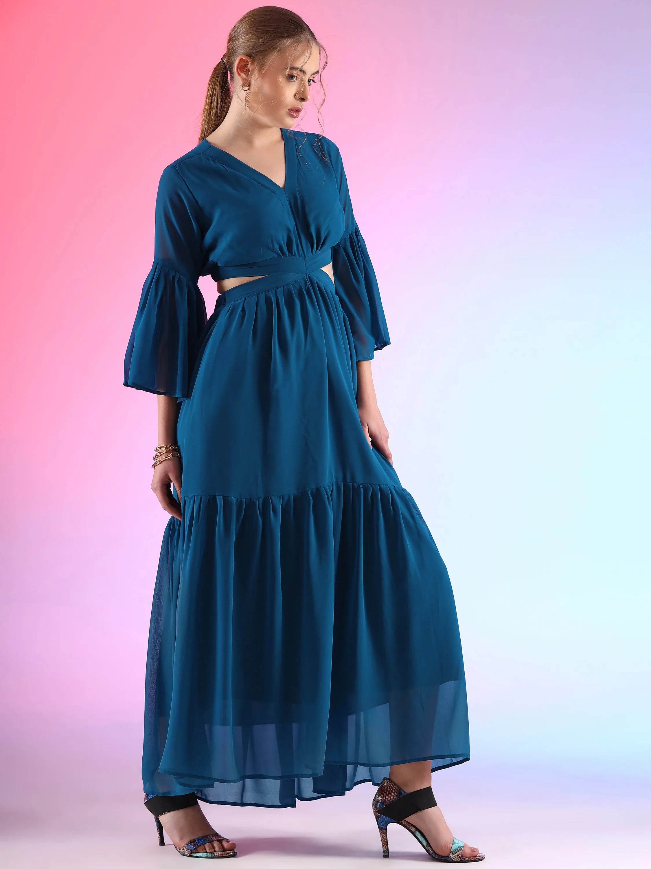 Blue Skies Fit and Flare V-Neck Georgette Dress