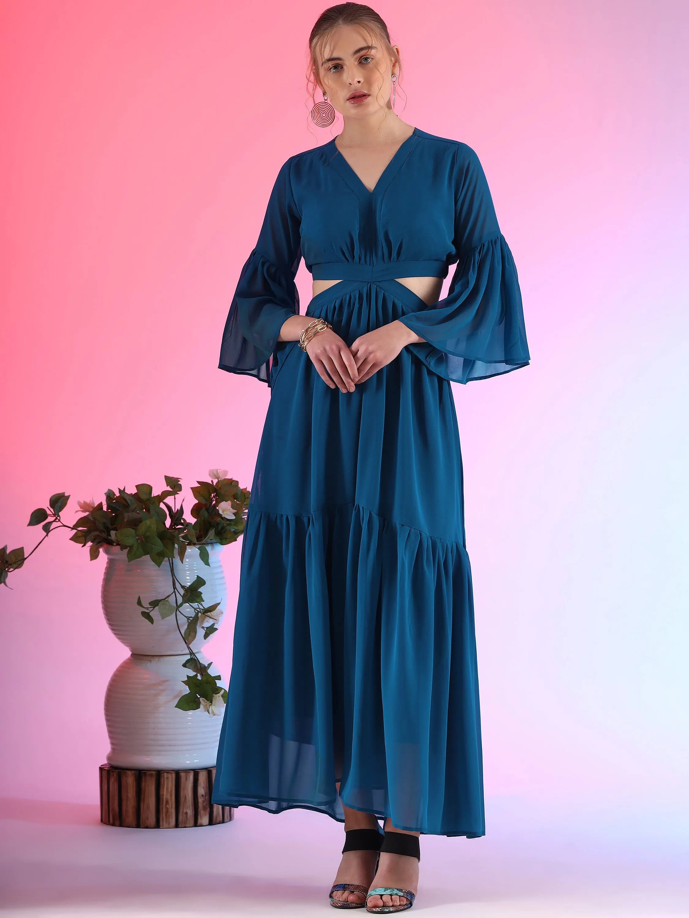 Blue Skies Fit and Flare V-Neck Georgette Dress