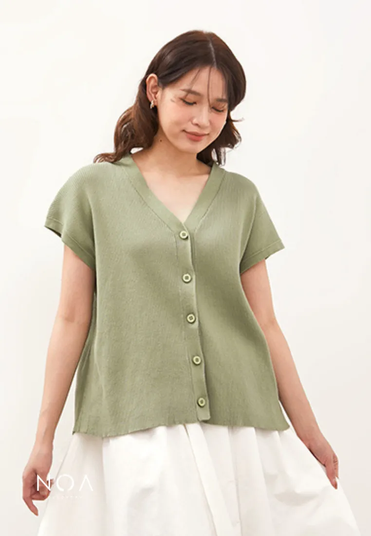 CHIZUE Plain V Neck Knitted Blouse - Light Green