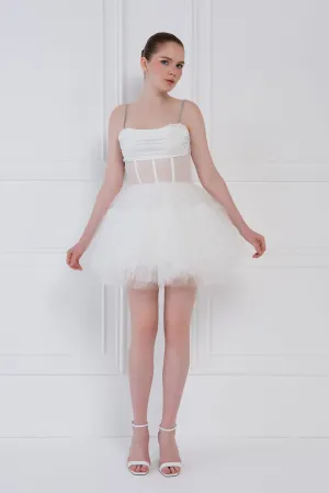 Cora Boned Fishnet Bustier Tulle Mini Dress - White