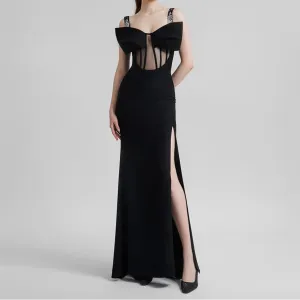 Elegant Maxi Evening Gown with Diamond Mesh, Spaghetti Straps & Bow