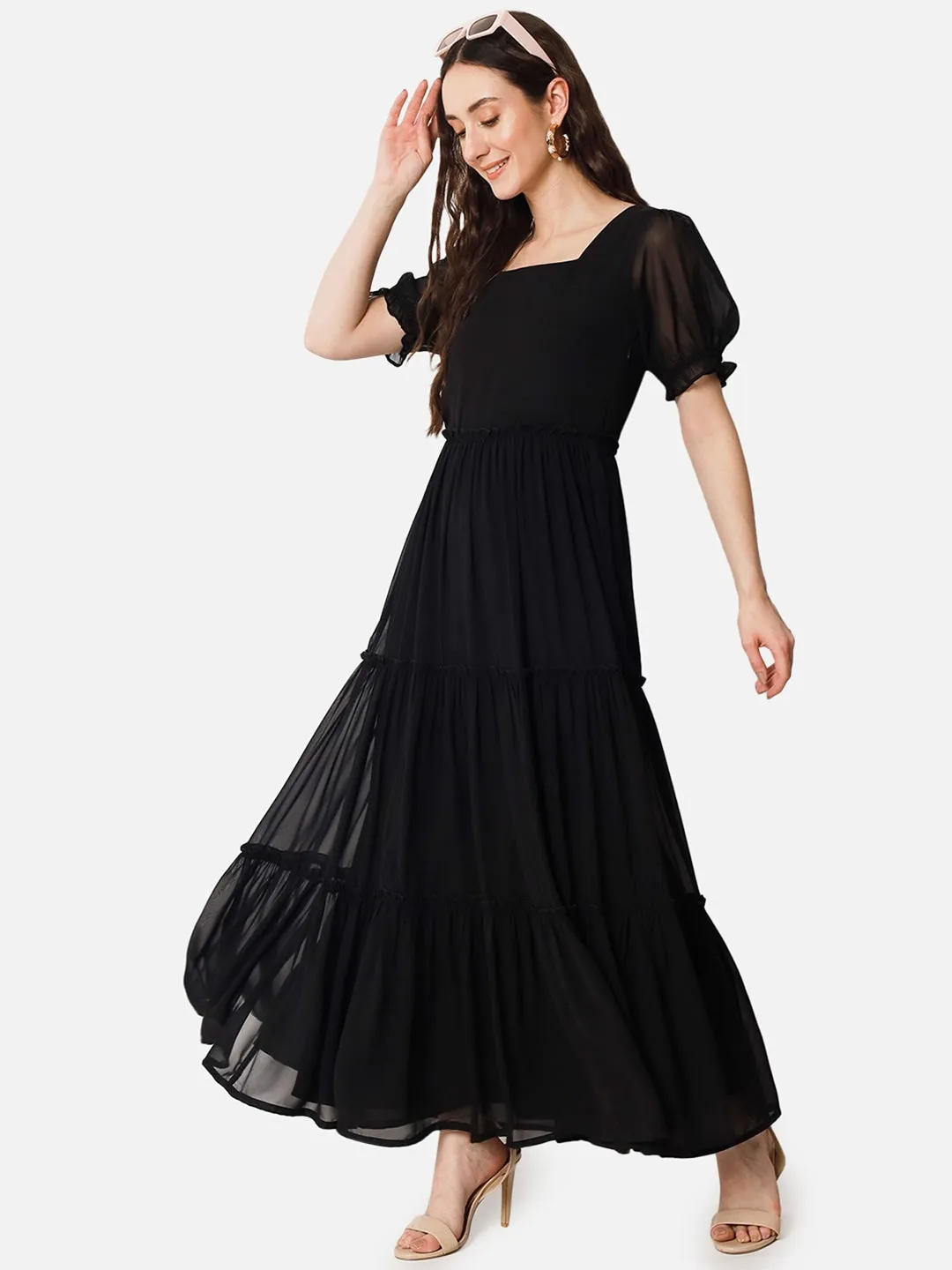 Elegant Noir Affair Black Square Neck Georgette Dress