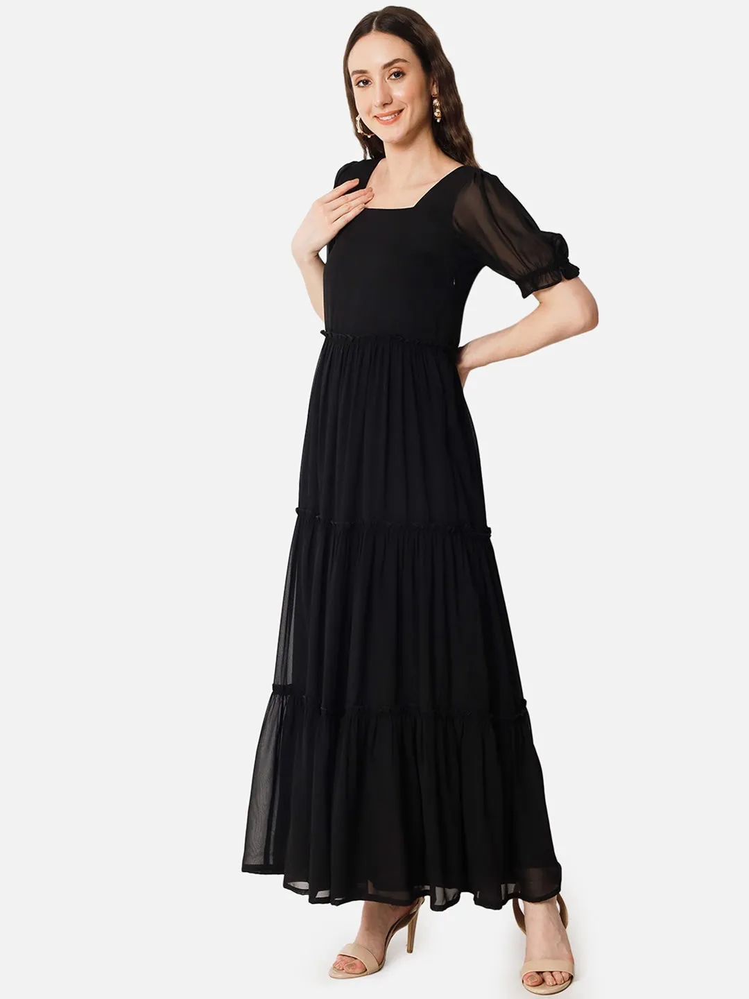 Elegant Noir Affair Black Square Neck Georgette Dress