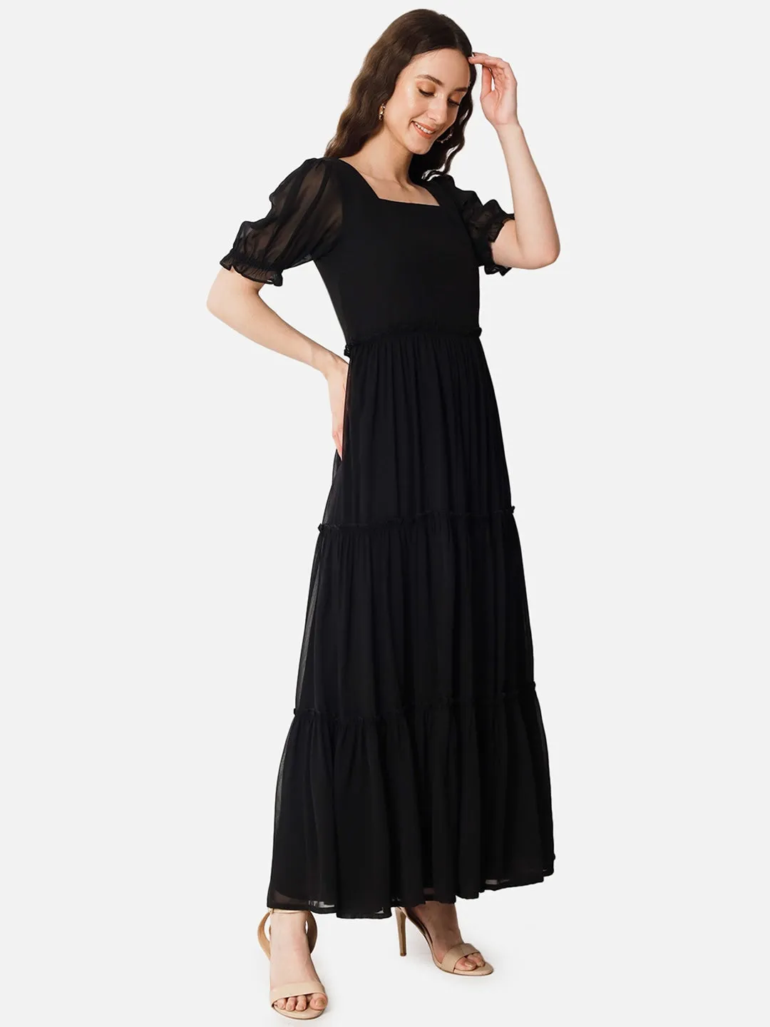 Elegant Noir Affair Black Square Neck Georgette Dress