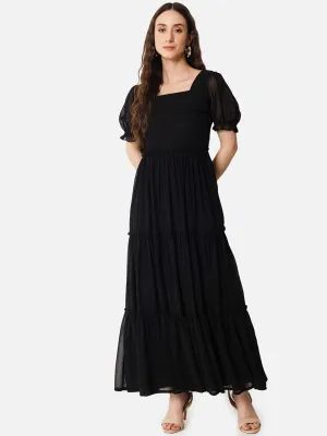 Elegant Noir Affair Black Square Neck Georgette Dress