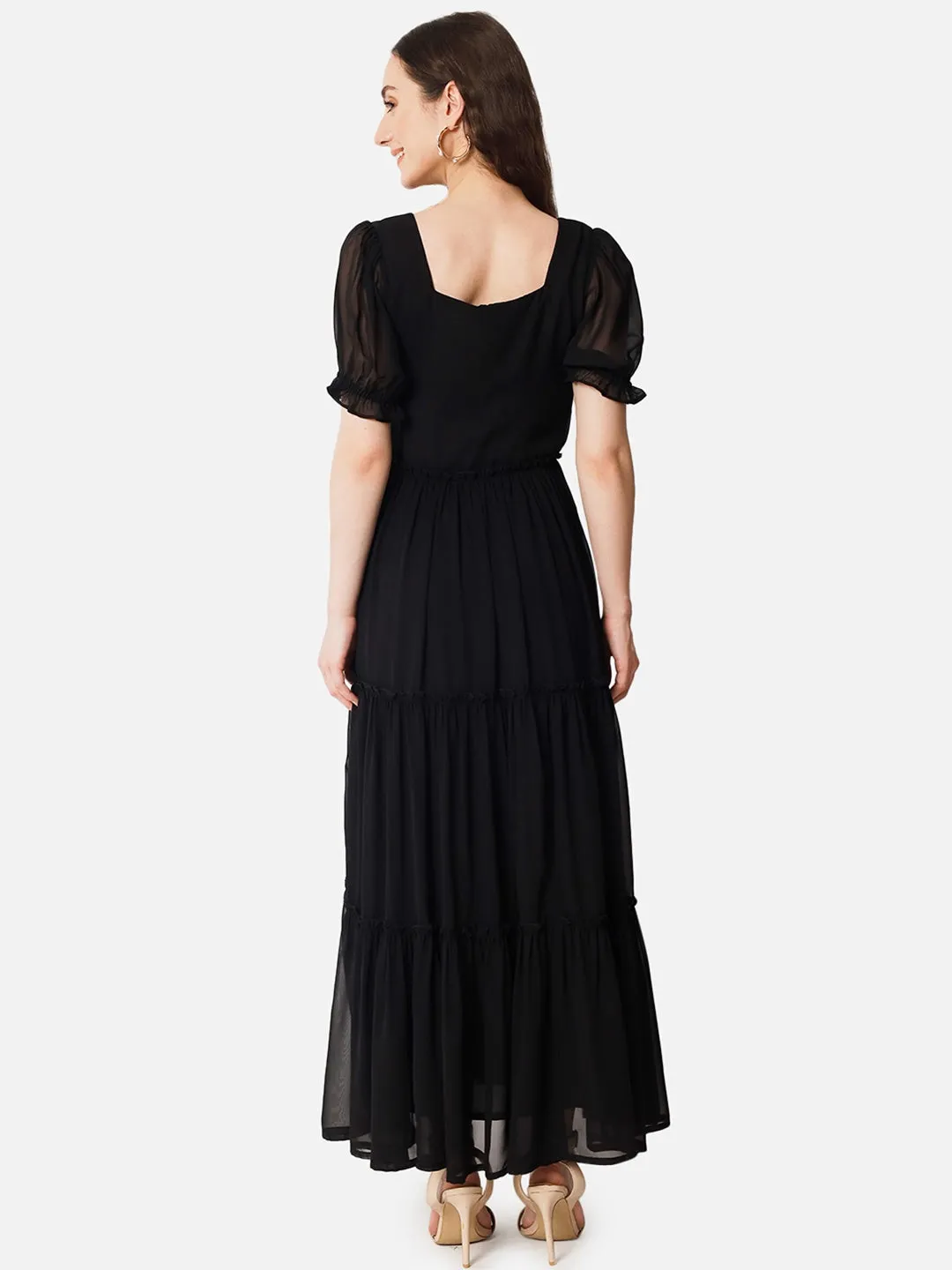Elegant Noir Affair Black Square Neck Georgette Dress