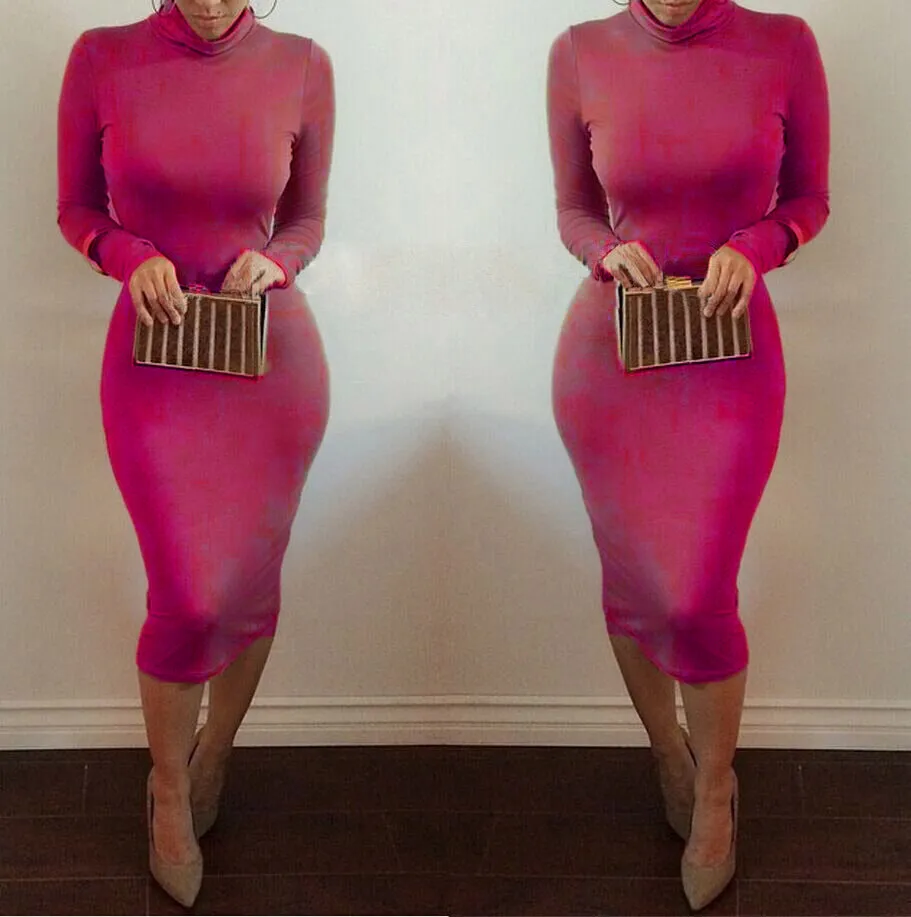 Europe Women High Collar Thick Long Sleeved Pencil Dress