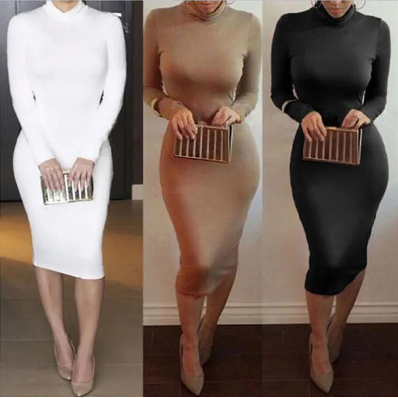 Europe Women High Collar Thick Long Sleeved Pencil Dress