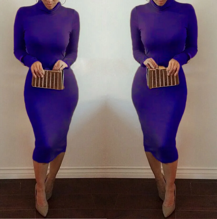 Europe Women High Collar Thick Long Sleeved Pencil Dress