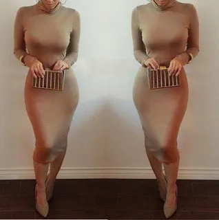 Europe Women High Collar Thick Long Sleeved Pencil Dress