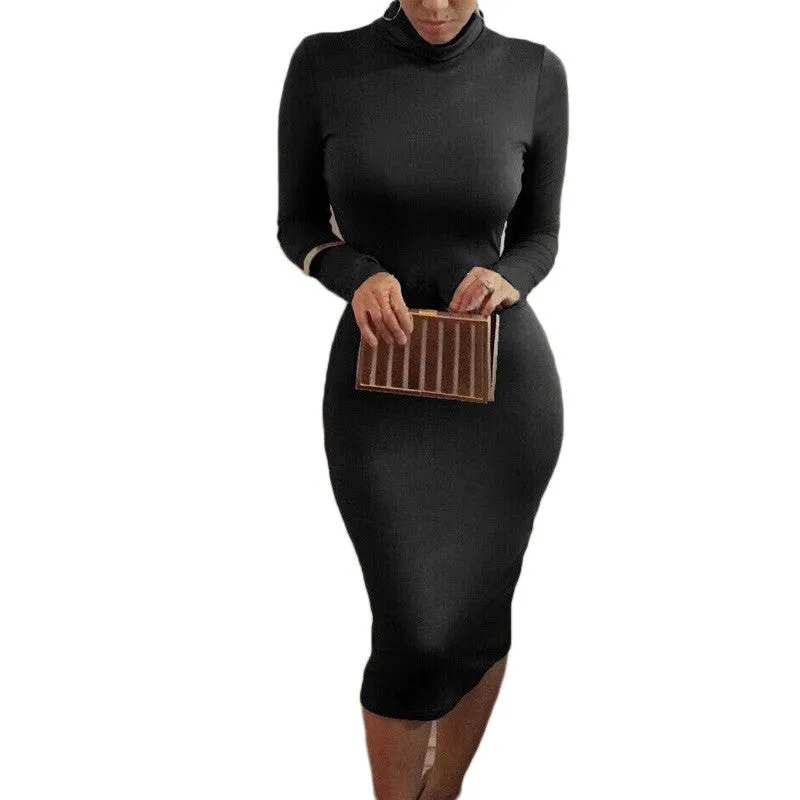 Europe Women High Collar Thick Long Sleeved Pencil Dress