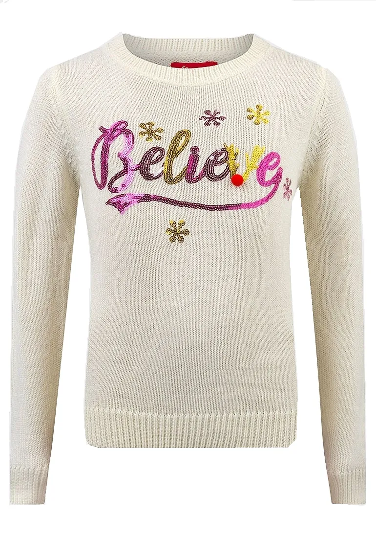 Girls Cream Believe in Santa Christmas Novelty Jumper