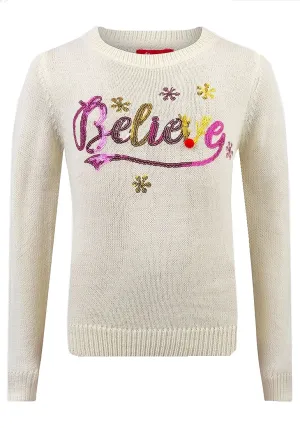 Girls Cream Believe in Santa Christmas Novelty Jumper