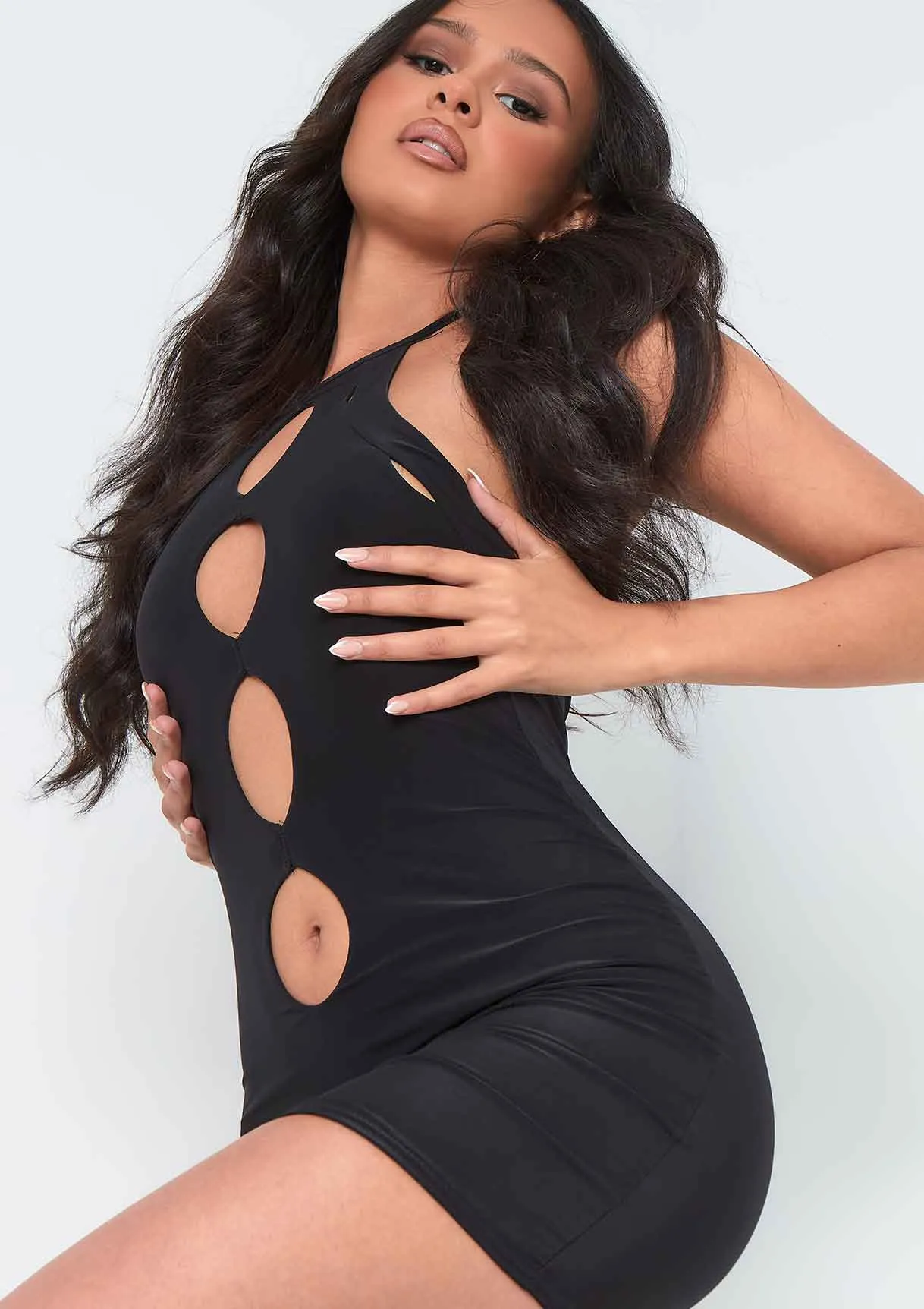 Giselle Black Cut Out Halter Neck Double Layered Mini Dress
