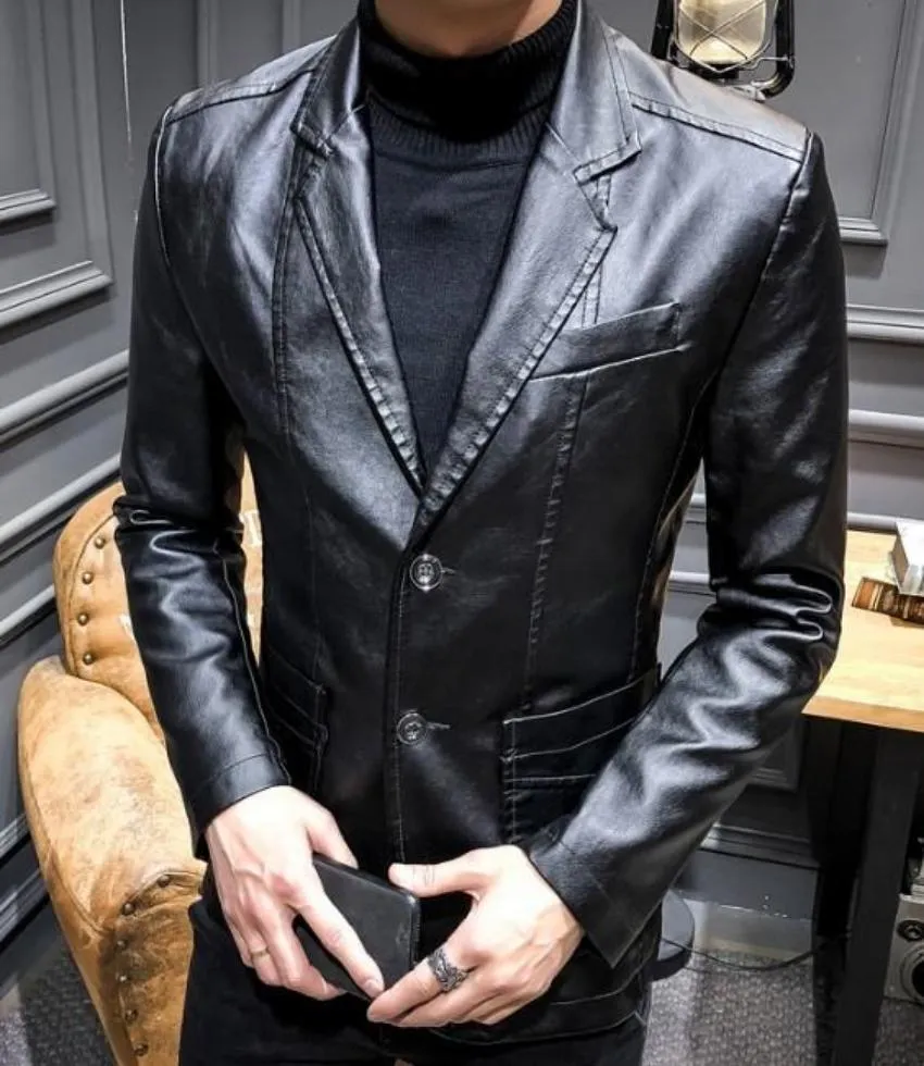 Mens Faux Leather Two Button Blazer
