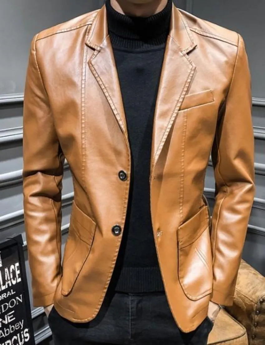 Mens Faux Leather Two Button Blazer