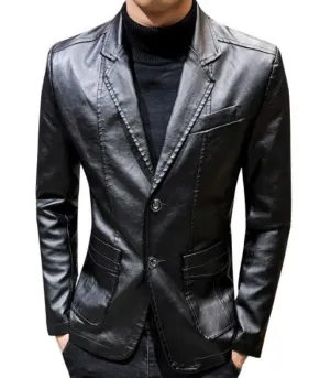 Mens Faux Leather Two Button Blazer