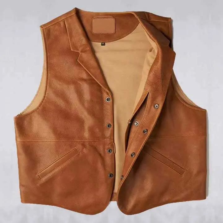 Mens Vintage Brown Sheepskin Leather Cowboy Vest
