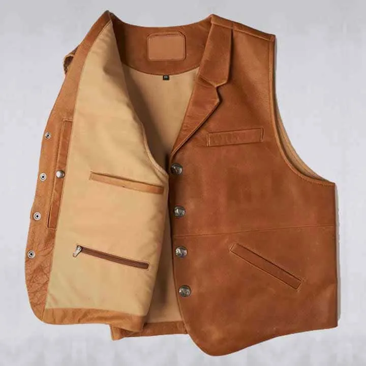 Mens Vintage Brown Sheepskin Leather Cowboy Vest