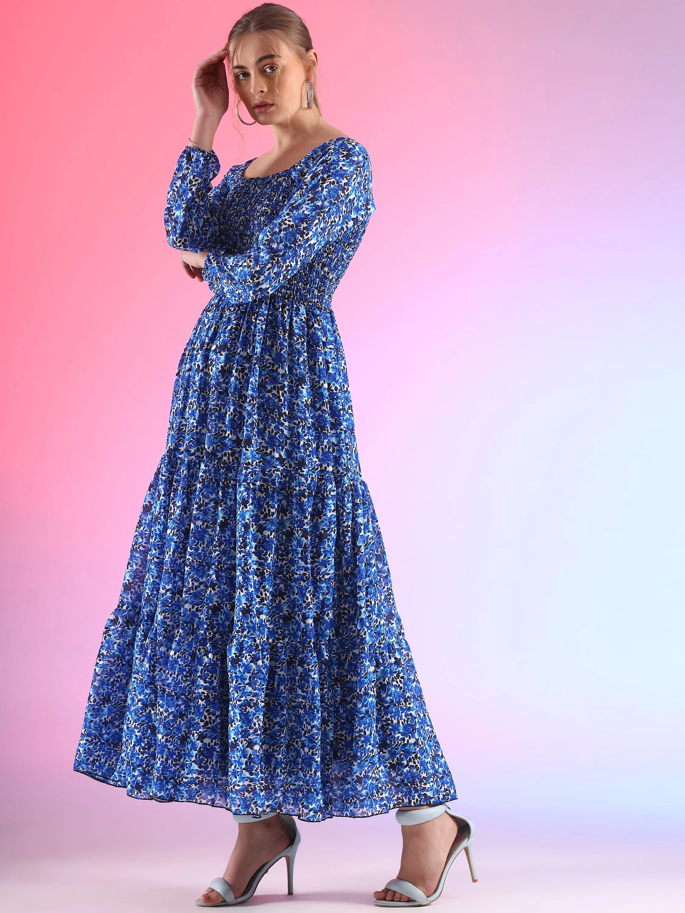 Midnight Mirage Bishop Sleeve Georgette Maxi Dress