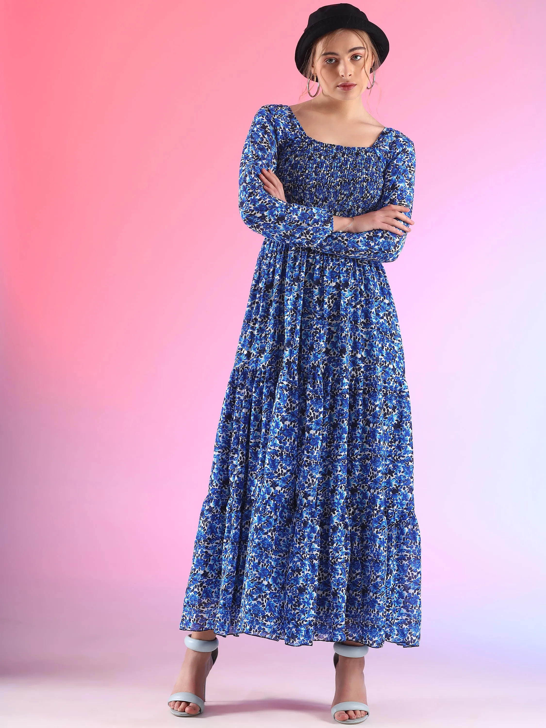 Midnight Mirage Bishop Sleeve Georgette Maxi Dress