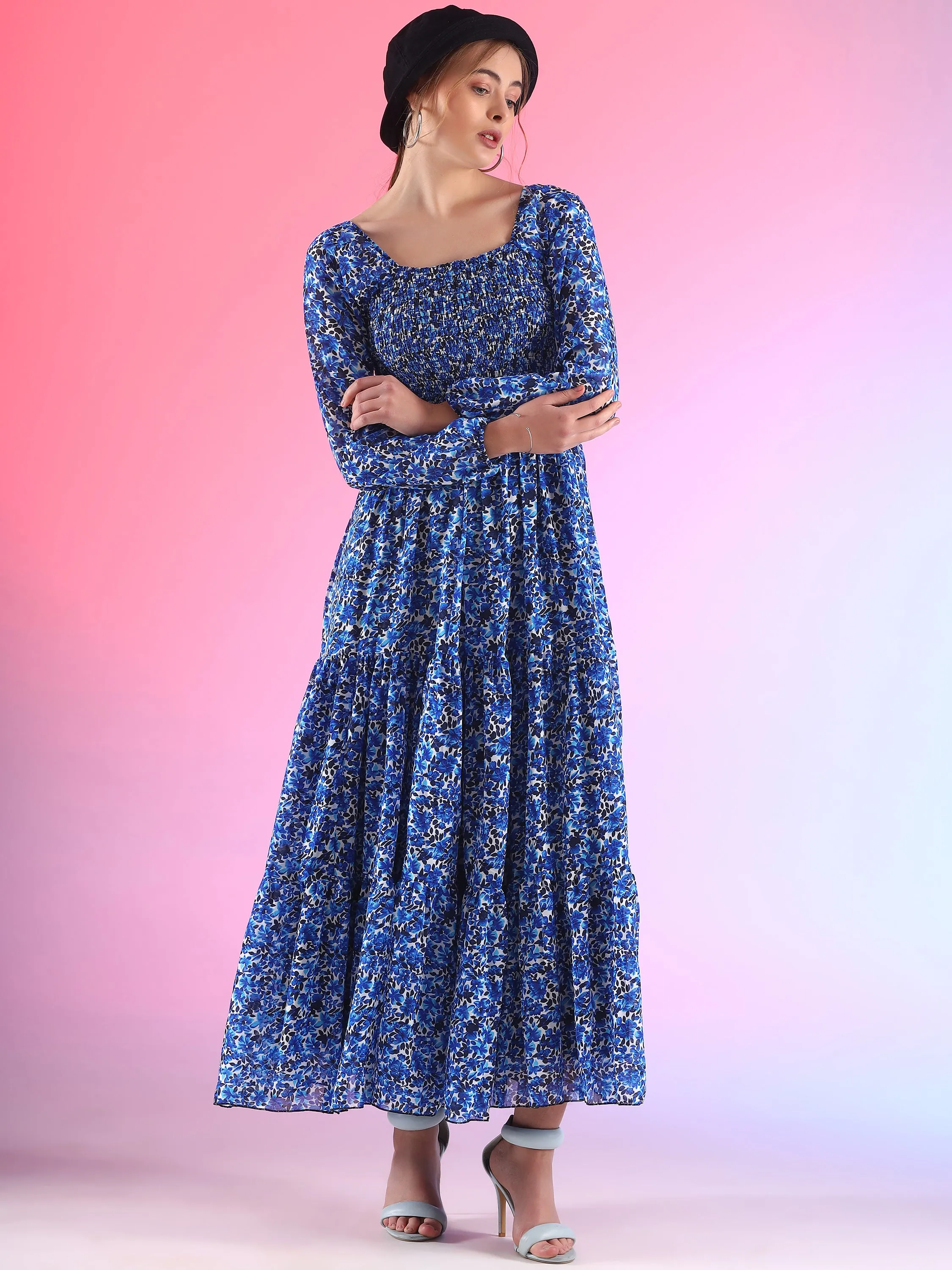 Midnight Mirage Bishop Sleeve Georgette Maxi Dress