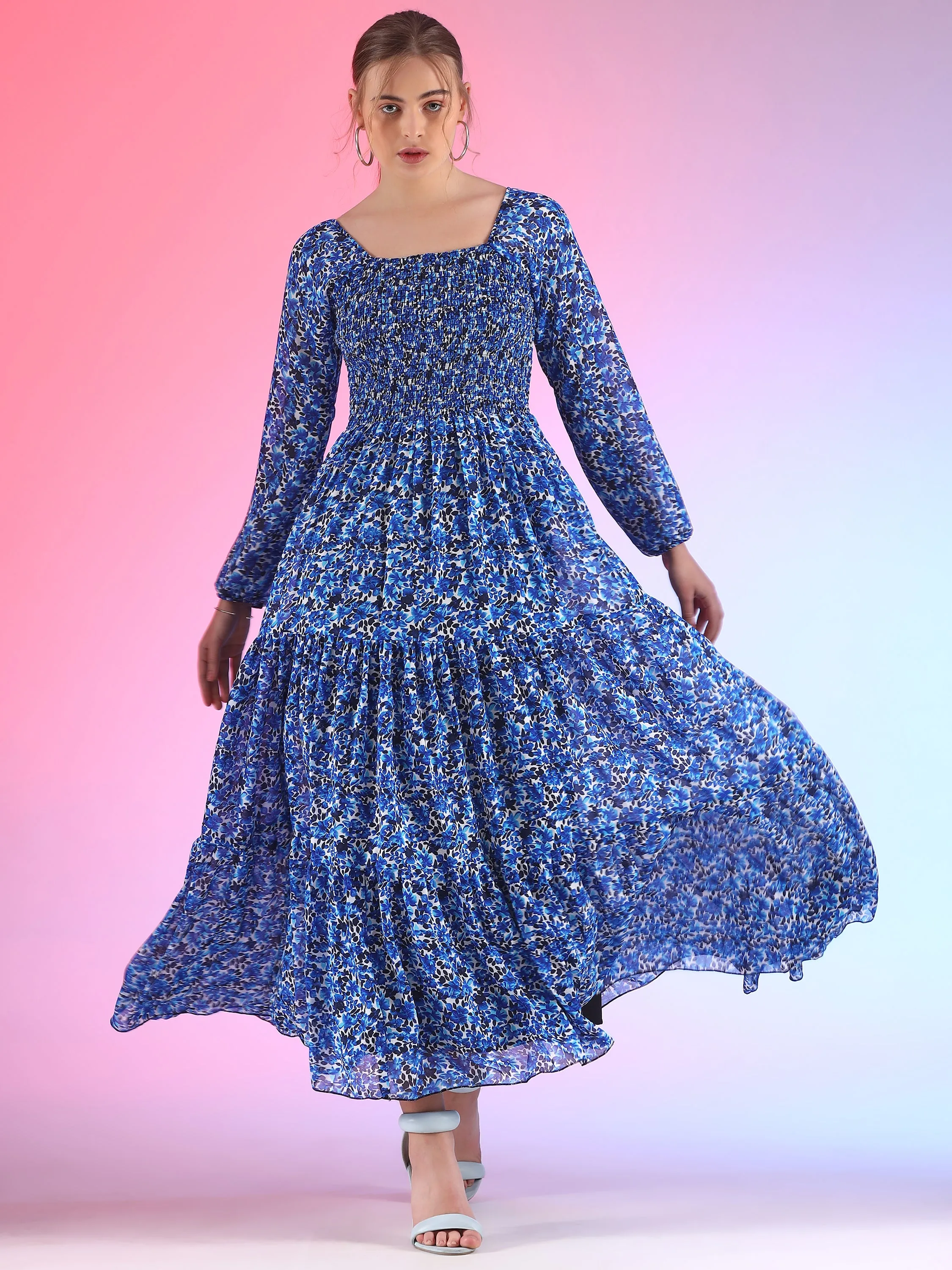 Midnight Mirage Bishop Sleeve Georgette Maxi Dress