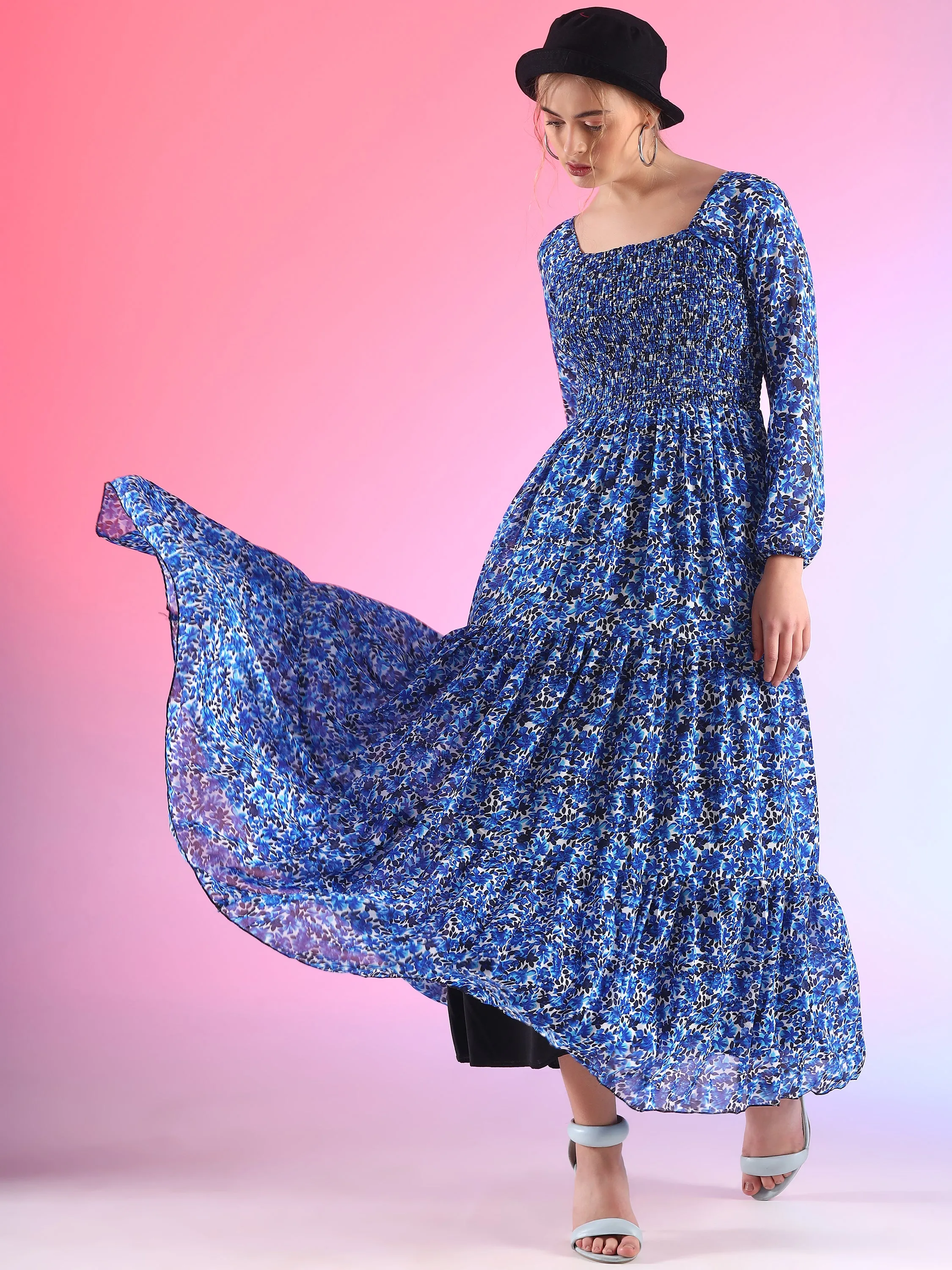 Midnight Mirage Bishop Sleeve Georgette Maxi Dress