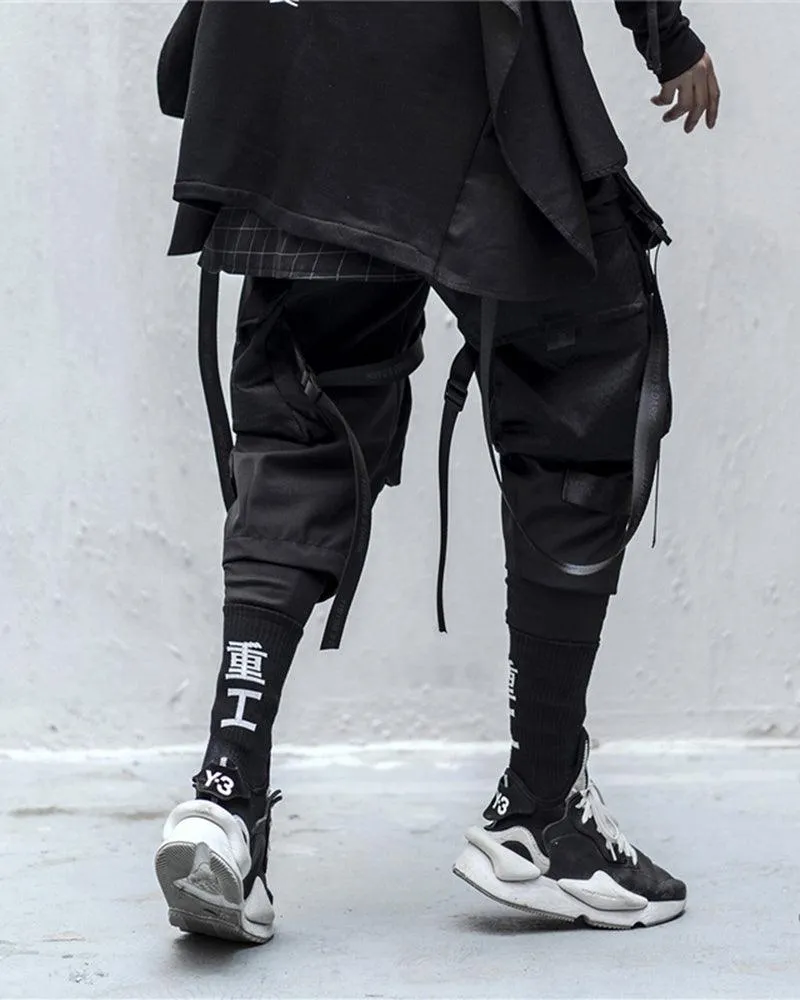 Ninja Techwear Black Multi-Pocket Ribbon Cargo Pants