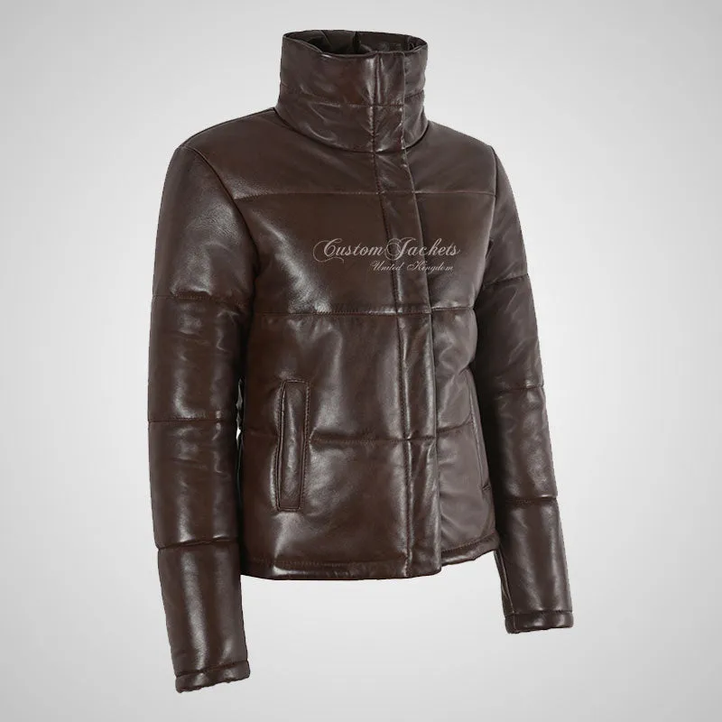 NIS Ladies Padded Puffer Leather Jacket Brown