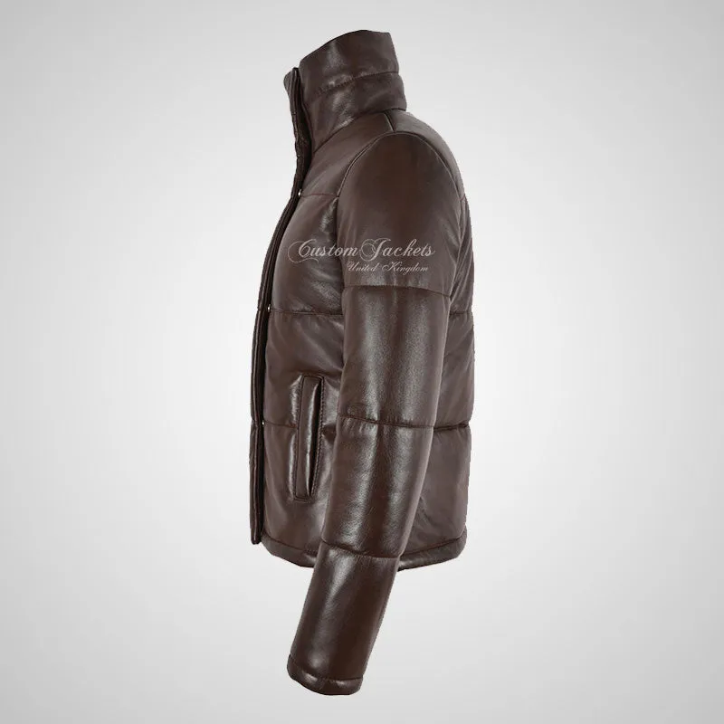 NIS Ladies Padded Puffer Leather Jacket Brown