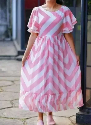 Pink and White Georgette Fit and Flare Dress