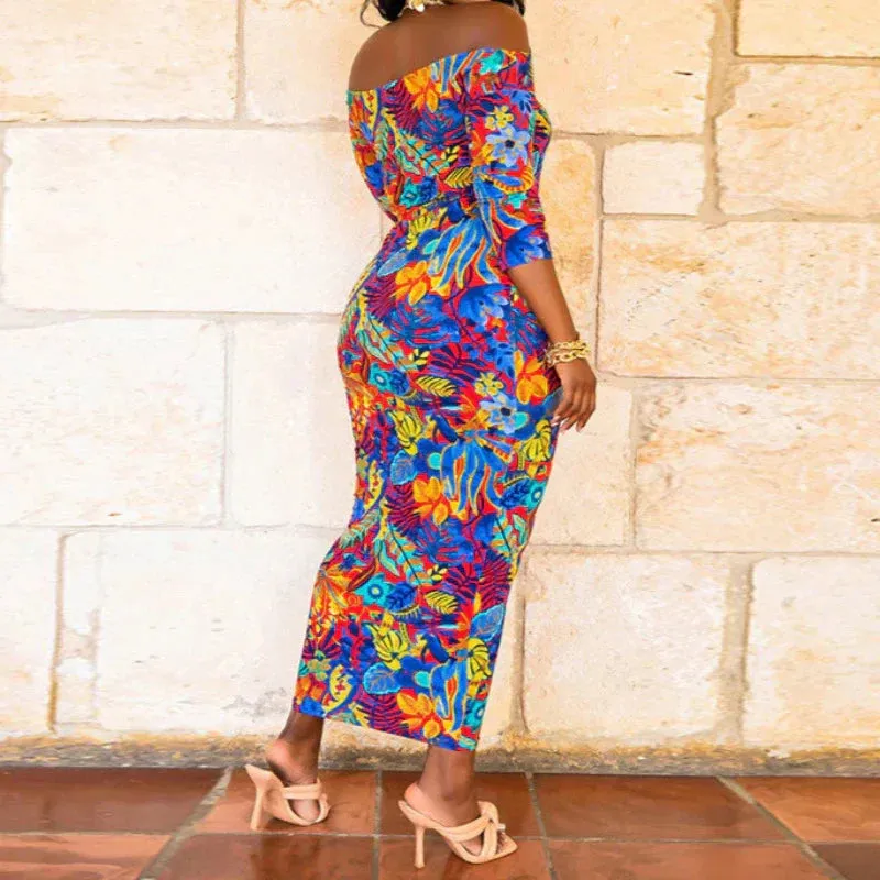 Plus Size Off Shoulder Colorful Print Short Sleeve Maxi Dress