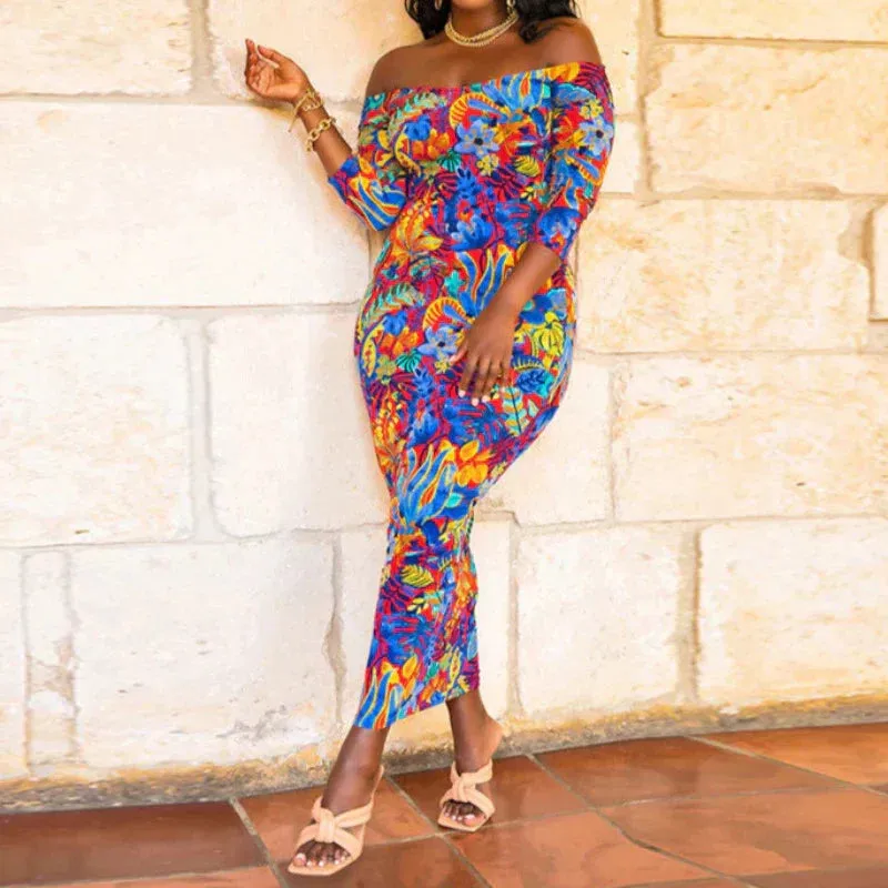 Plus Size Off Shoulder Colorful Print Short Sleeve Maxi Dress