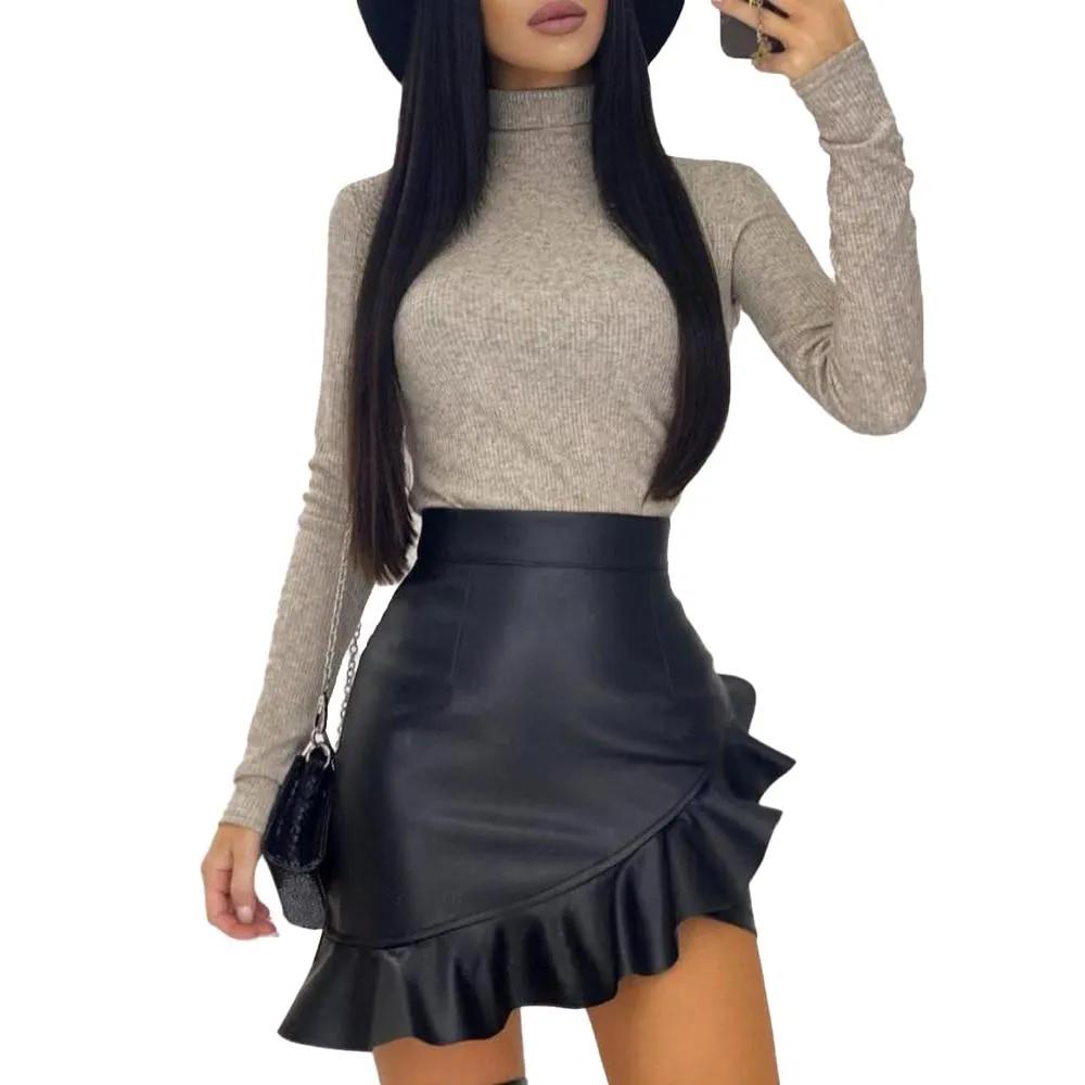 Sexy Black Ruffle Asymmetric PU Leather Mini Skirt