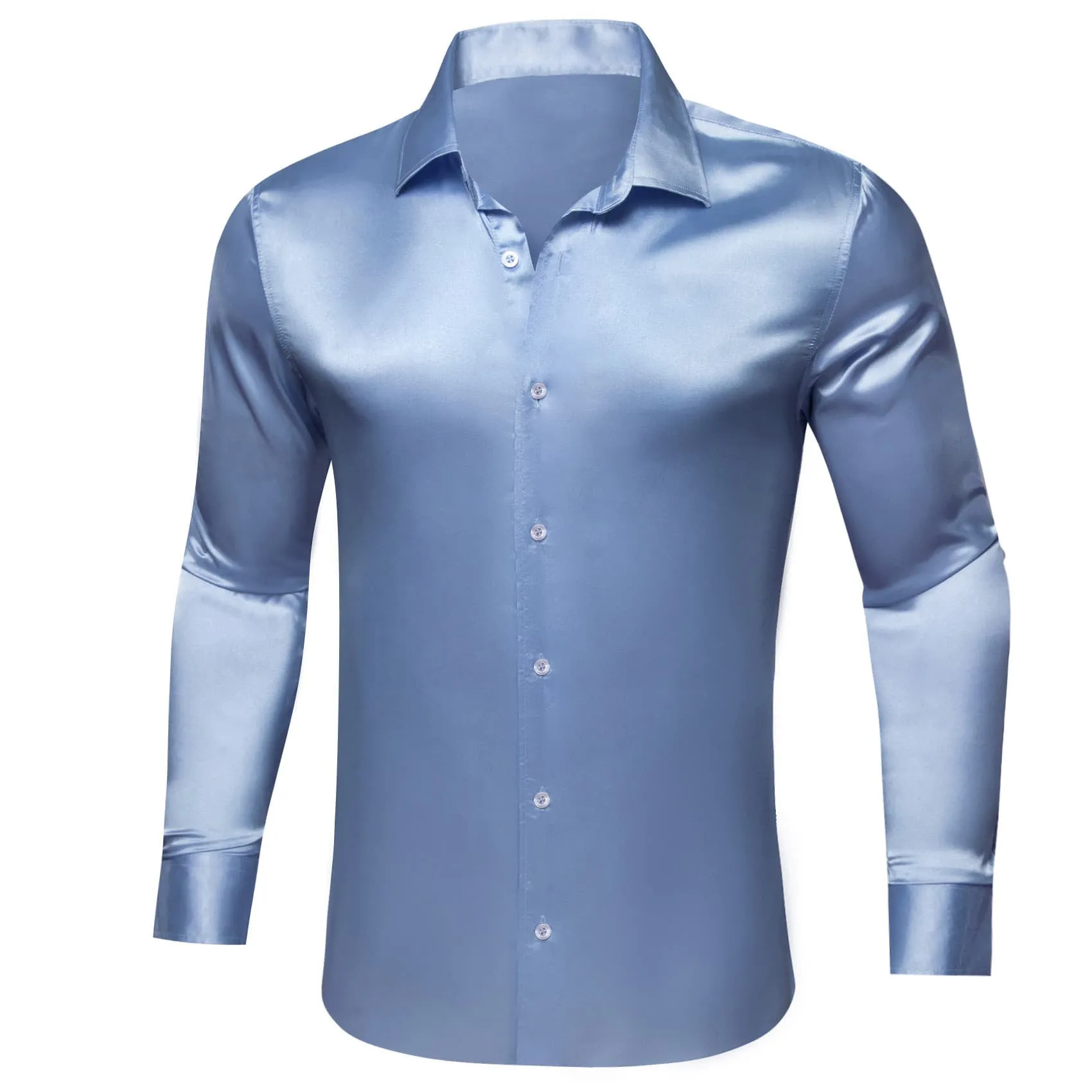 Ties2you Button Shirt Dark Pastel Blue Solid Satin Mens Long Sleeve Dress Shirt