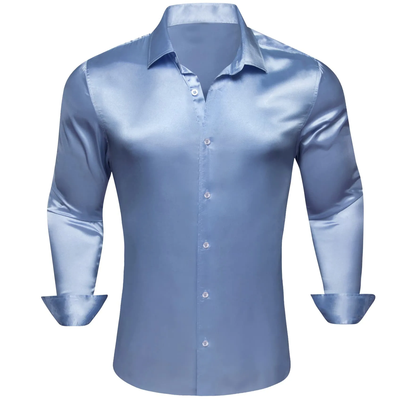 Ties2you Button Shirt Dark Pastel Blue Solid Satin Mens Long Sleeve Dress Shirt
