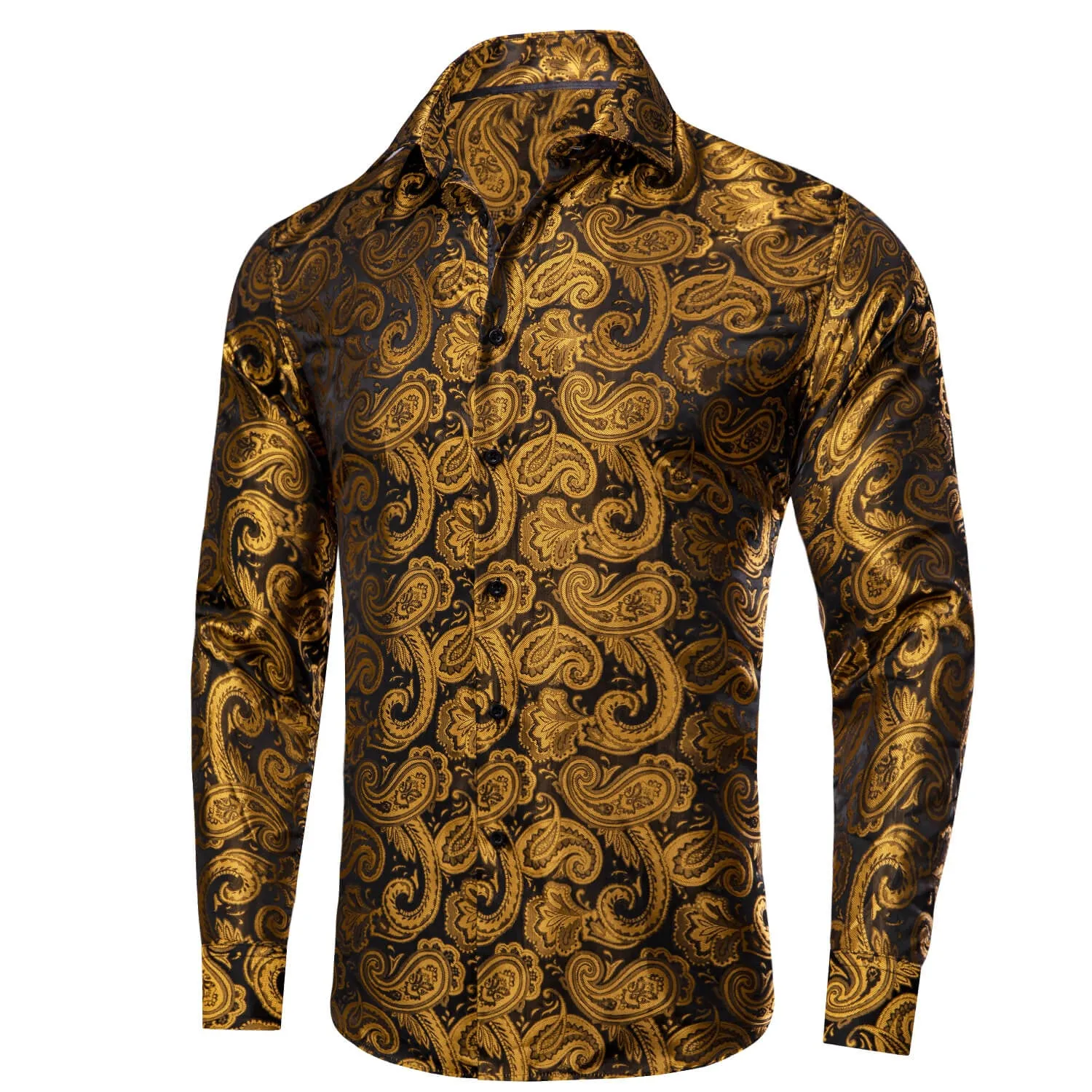 Ties2you Men's Shirt Gold Black Paisley Silk Long Sleeve Dress Shirt